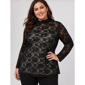 Torrid Floral Lace Top Womens 3X Black Mock Neck Long Sleeve Sheer Romantic